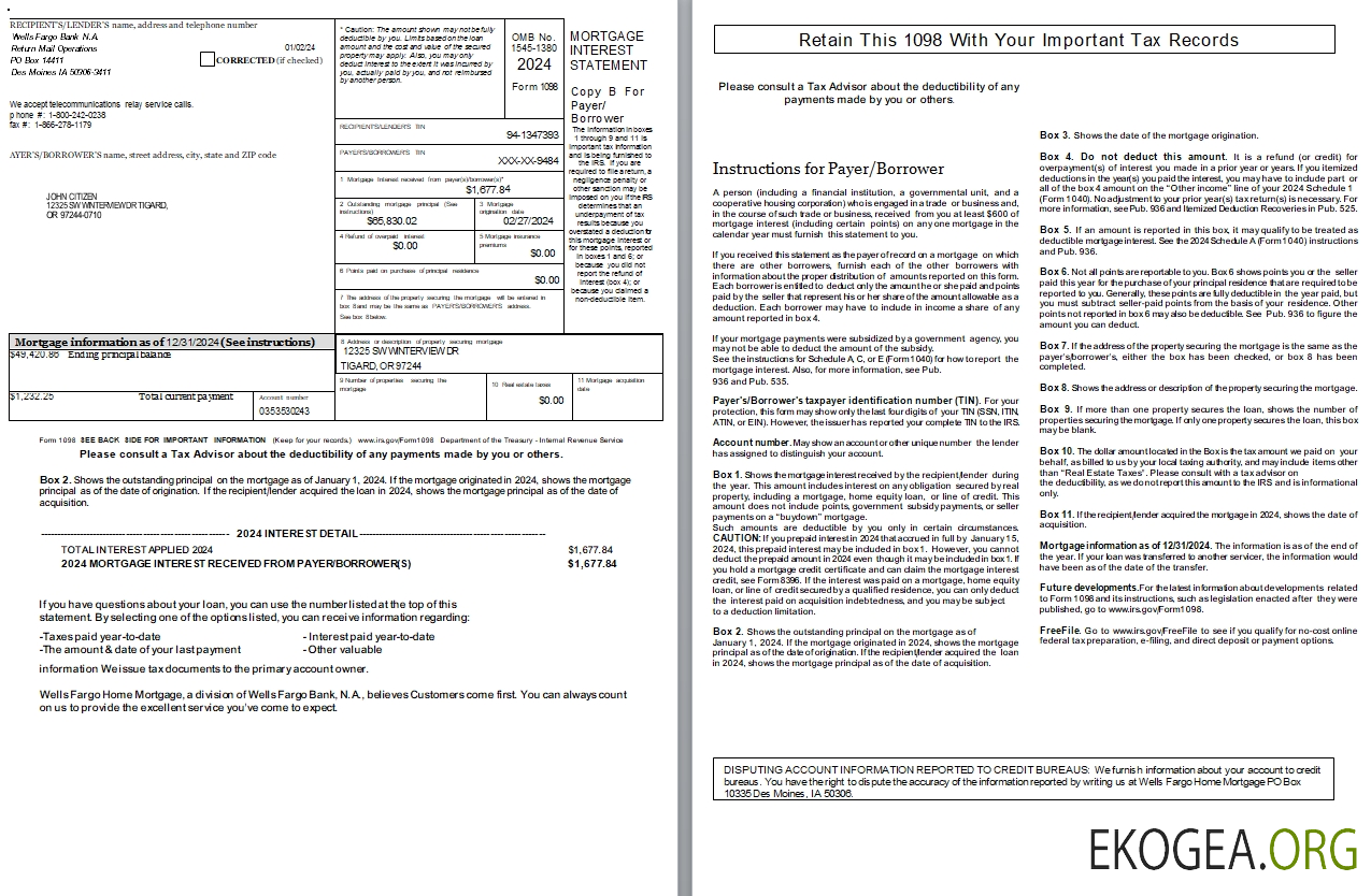 Etats , Unis, Iowa Wells Fargo, relevé d'intérêts hypothécaires de la banque, 2 pages scr